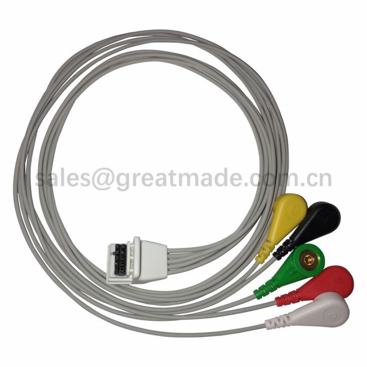 Compatible amb Mortara H3 5 Leads Holter ECG Cable, Snap, IEC, TPU