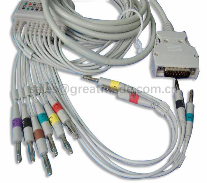 Compatible Mortera ELI100, ELI200 10 cable EKG de cable amb IEC Banana 4.0 Leadwires, DB15M, resistència a 4.7KΩ
