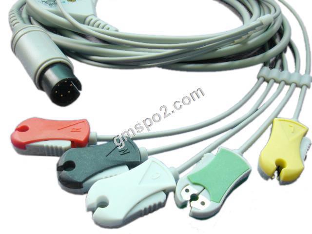 Cable d'ECG d'una sola peça amb connector recte de 5-Ld, TPU, IEC, clip, 12ft i 180º, 6PIN