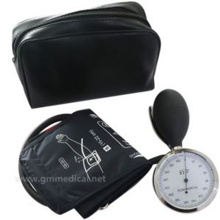 Puny de pressió arterial manual pediàtric, puny d'un sol tub amb manòmetre i bombeta d'inflació de color blau fosc.